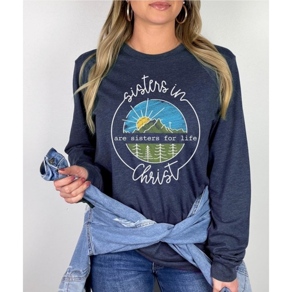 NEW Love in Faith Sisters in Christ Heathered Navy Long Sleeve T-shirt